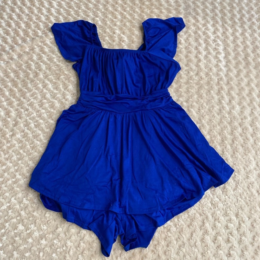 New Women 2XL Rompers Short Sleeve Ruffle Layer Square Neck, back Ribbon Tie - Picture 5 of 9